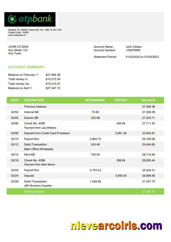 Croatia OTP bank statement, Word and PDF format, version 2